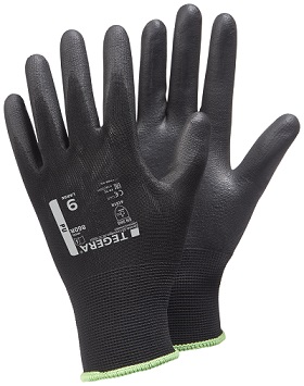 Zwei schwarze Schutzhandschuhe: einer mit Handfläche und weißem Etikett Größe "9" der Marke "TEGERA", der andere zeigt den Handrücken. Beide haben texturierte Oberfläche für besseren Halt und hellgrünen Abschluss am Handgelenk.