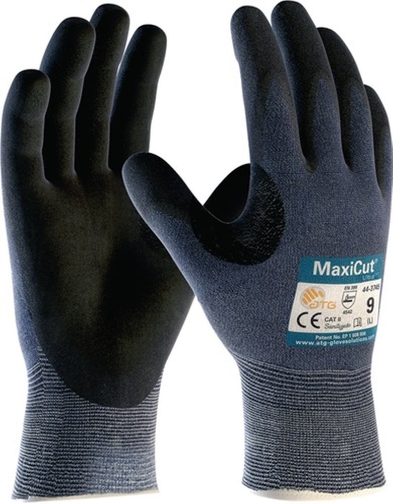 Gants de travail foncés avec revêtement texturé antidérapant sur les paumes et les doigts, bleu foncé avec poignets côtelés. Gant droit avec étiquette MaxiCut/ATG bleu clair, certifications et taille 9.
