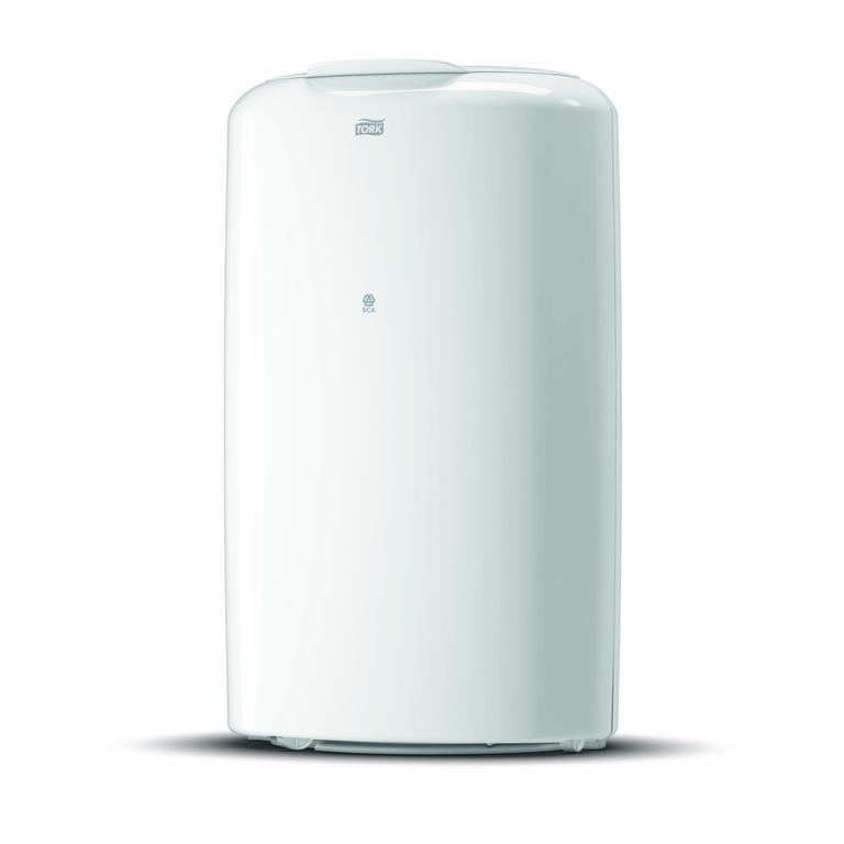 Poubelle blanche Tork (50 l) au design moderne, élancée et verticale, avec des angles arrondis. Logo « Tork » et petit symbole de recyclage sur le dessus. En plastique, adaptée aux sanitaires.