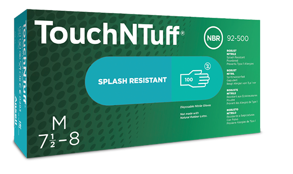 Grüne Verpackung der "TouchNTuff" Nitril-Einweghandschuhe. Vorderseite mit Markennamen, "SPLASH RESISTANT", Symbol für 100 Handschuhe und Größe M (7 1/2-8). Hinweise auf latexfrei und NBR-Zusammensetzung.