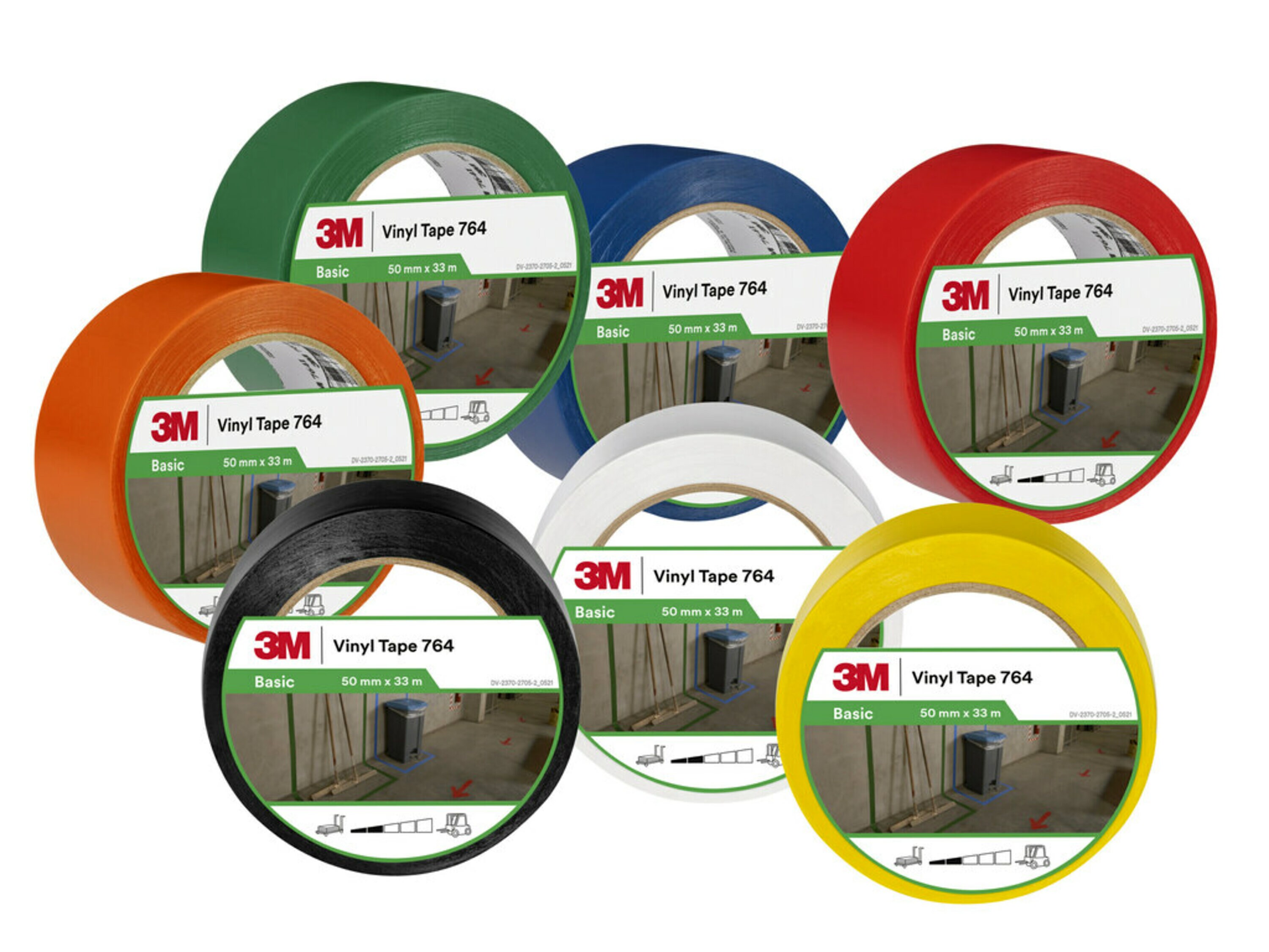 7 Rollen 3M Vinyl Tape 764 in kräftigen Farben: Grün, Orange, Schwarz, Blau, Rot, Weiß und Gelb. Jede Rolle mit Etikett (3M Logo, Produktname, Maße) und Anwendungsbild für Bodenmarkierungen im Lager. Ideal für Kennzeichnungen.