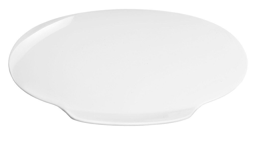 Couvercle plat en plastique blanc brillant pour poubelle. Forme légèrement ovale avec une petite encoche sur le bord inférieur, sans doute destinée à servir de poignée ou de fixation. La surface reflète la lumière et donne une impression d'hygiène.