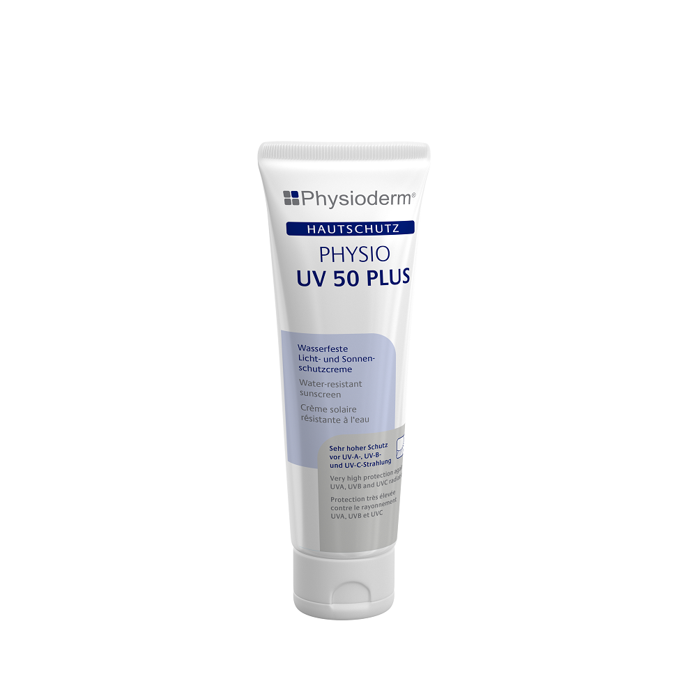 Eine weiße Tube Physiocerm Physio UV 50 Plus Sonnenschutzcreme mit blauem Etikett. Sie ist als wasserfeste Licht- und Sonnenschutzcreme gekennzeichnet, die sehr hohen Schutz vor UVA-, UVB- und UVC-Strahlung bietet und die Haut schützt.
