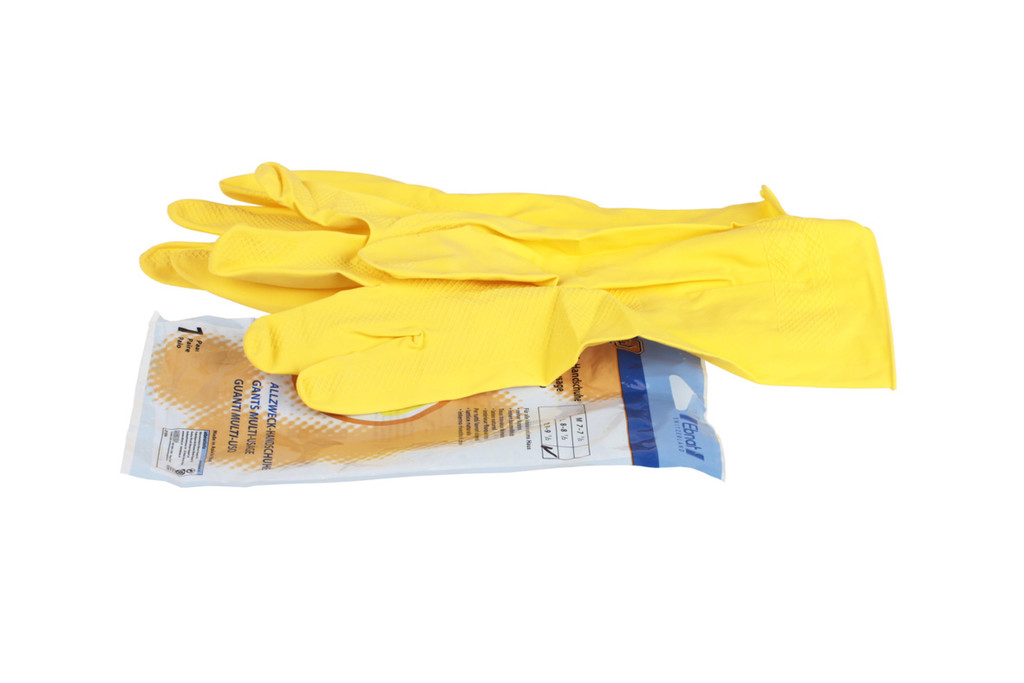 Reinigungshandschuhe reiner Naturlatex innen baumwollbeflockt mehrweg gelb Reinigungshandschuhe reiner Naturlatex innen baumwollbeflockt mehrweg gelb