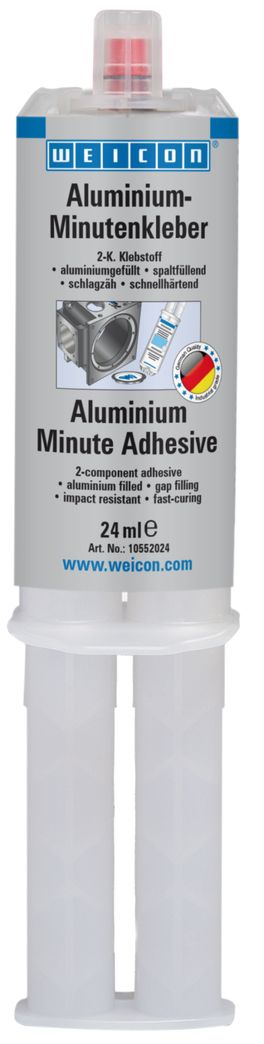 Grauer, senkrechter Doppelkartuschenbehälter für WEICON Aluminium-Minutenkleber. Etiketten auf Deutsch/Englisch mit Eigenschaften wie aluminiumgefüllt, spaltfüllend, schnellhärtend. Kleine Abbildung zeigt Anwendung zur Reparatur.