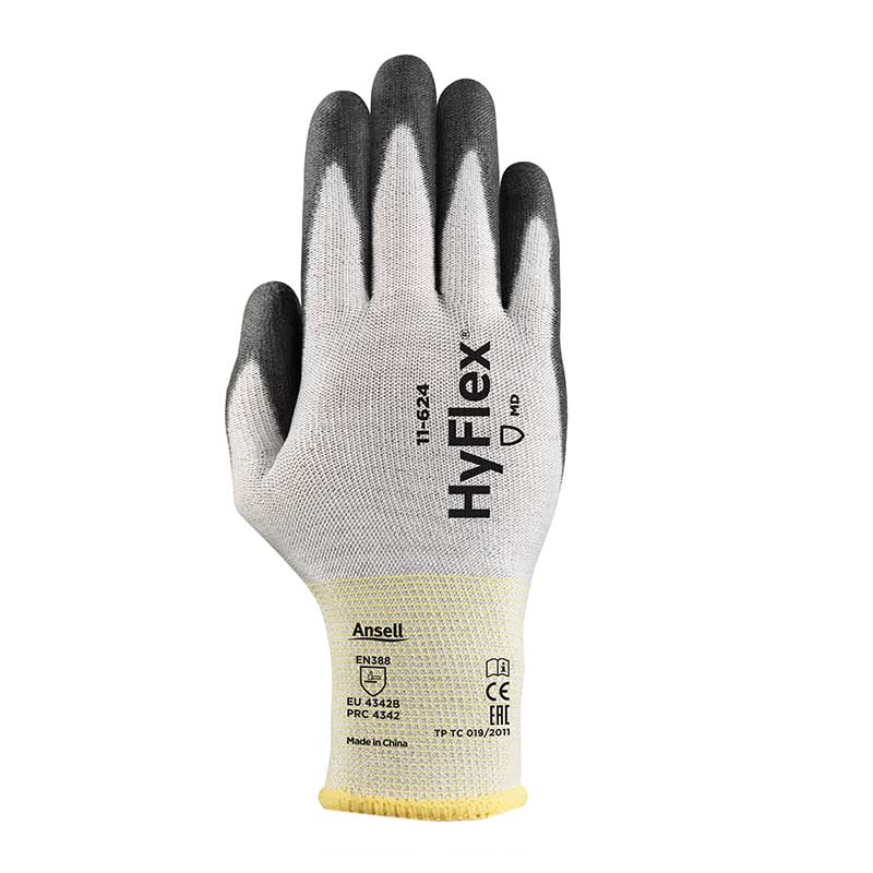 Ansell Gants de protection contre les coupures HyFlex 11-624, gris-noir, présentés à plat. Paume et doigts avec revêtement PU foncé antidérapant, dos de la main en tricot gris clair. Poignet élastique jaune, conformes à la norme EN 388, marquage CE.