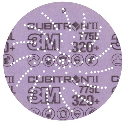 Runder, violetter Schleifteller mit weißen Punkten in Spiralform zur Staubabsaugung. Aufdruck: CUBITRON™II, 3M 775L, Körnung 320+. Unten kleine Piktogramme mit Sicherheitshinweisen (Handschuhe, Atemschutz).