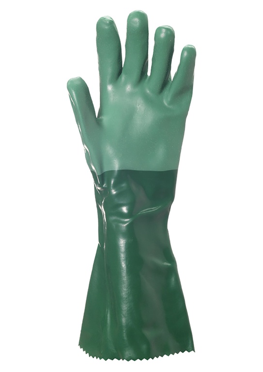 Ein glänzender, dunkelgrüner Schutzhandschuh mit hellmintgrünem Bereich an Fingern und Handrücken ist vor weißem Hintergrund zu sehen. Der Handschuh steht vertikal mit leicht gespreizten Fingern. Der Saum der langen Stulpe ist gezackt.