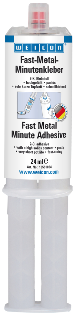 Weißer Doppelkammer-Dispenser für WEICON Fast-Metal Minutenkleber. Etikett mit Produktname, Eigenschaften "hochgefüllt, pastös, schnellhärtend" und Anwendungsbild. 2-K Epoxidharzklebstoff für schnelle Reparaturen, 24 ml.