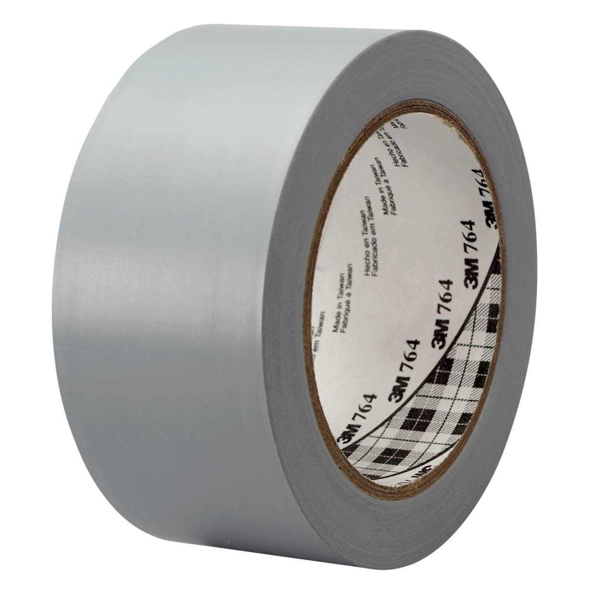 Graue Rolle 3M 764i Mehrzweck-Weich-PVC-Klebeband. Homogen grau; am Kern Aufdruck „3M 764“ und „Made in Taiwan“. Hohe Dehnbarkeit sowie Abrieb- und Lösungsmittelbeständigkeit, ideal für Markieren und Bündeln.